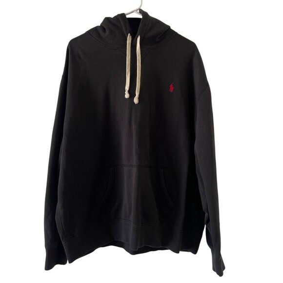 Ralph Lauren Black Pullover Hoodie With Red Logo Drawstring Hood & Kangaroo Pock - Picture 2 of 14